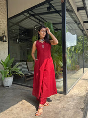 Red Cotton Embroidery Co-Ord Set