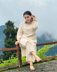 Classy Embroidered Off- White Kurta Set