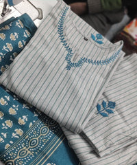 Blue Cotton Kurta Pant And Khadi Silk Floral Print Dupatta Set