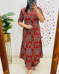Red Premium Jaipuri Floral Fine Cotton Co-Ord Set