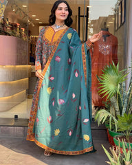 Women's Printed Cotton Anarkali kurta Pant and Dupatta Set