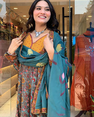 Women's Printed Cotton Anarkali kurta Pant and Dupatta Set