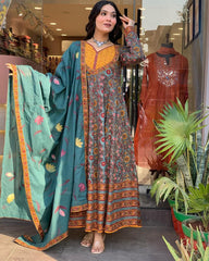 Women's Printed Cotton Anarkali kurta Pant and Dupatta Set