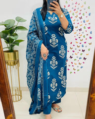 Royal Blue Floral Kurta Pant and Dupatta Set