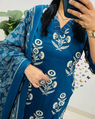 Royal Blue Floral Kurta Pant and Dupatta Set