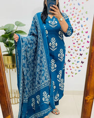 Royal Blue Floral Kurta Pant and Dupatta Set