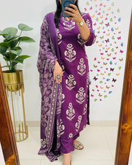 Royal Purple Floral Kurta Pant and Dupatta Set