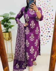 Royal Purple Floral Kurta Pant and Dupatta Set