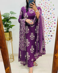 Royal Purple Floral Kurta Pant and Dupatta Set