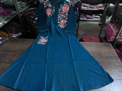 Pure Fine Cotton Fabric Green Embroidery Work Kurti with Pant