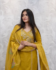 Elegant Mustard Yellow Embroidered Cotton Suit Set