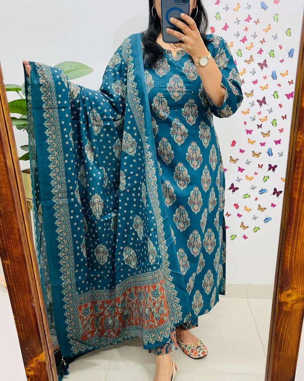 Cotton dupatta set, blue dupatta set, tanvi kurti