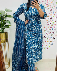 Traditional Blue Floral Dupatta Set - Tanvi Kurti