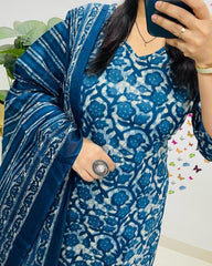 Traditional Blue Floral Dupatta Set - Tanvi Kurti