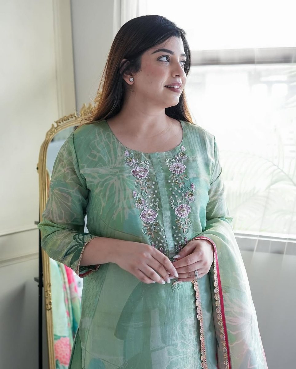 Elegant Three Piece Sea Green Dupatta Set - Tanvi Kurti
