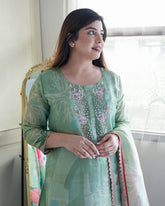 Elegant Three Piece Sea Green Dupatta Set - Tanvi Kurti