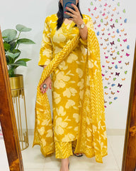 New Designer Yellow Floral Cotton Suit Set