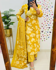 New Designer Yellow Floral Cotton Suit Set