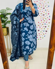 New Designer Blue Floral Cotton Suit Set