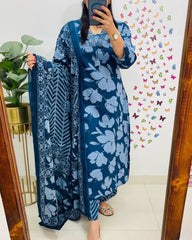 New Designer Blue Floral Cotton Suit Set