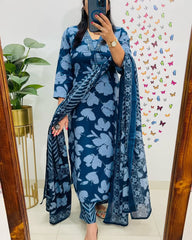New Designer Blue Floral Cotton Suit Set