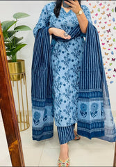 Blue Cotton Sequence Work Kurta Pant With Dupatta Set