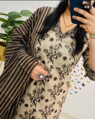 Beige Cotton Sequence Work Kurta Pant With Dupatta Set