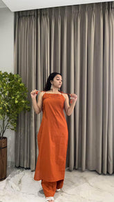 Rust Cotton Slub Sleeveless Kurta And Pant Set