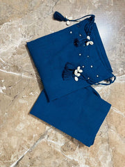 Blue Cotton Slub Sleeveless Kurta And Pant Set