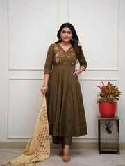 Beautiful Olive Anarkali Dupatta Set