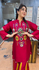 Tanvi Kurti Wine Embroidered Cord Set with Contrast Flared Palazzo - Tanvi Kurti