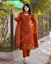 Tanvi Kurti Rust Embroidered Straight Dupatta Set - Tanvi Kurti