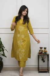 Tanvi kurti Premium Mustard Embroidered Cotton Kurta Pant Set. - Tanvi Kurti