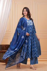 Tanvi Kurti Indigo Blue Floral Printed Anarkali Dupatta Set - Tanvi Kurti