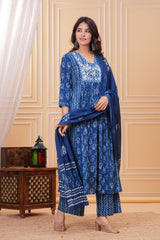 Tanvi Kurti Indigo Blue Floral Printed Anarkali Dupatta Set - Tanvi Kurti
