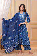 Tanvi Kurti Indigo Blue Floral Printed Anarkali Dupatta Set - Tanvi Kurti