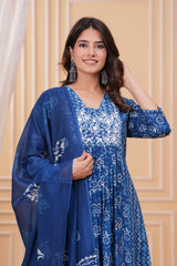 Tanvi Kurti Indigo Blue Floral Printed Anarkali Dupatta Set
