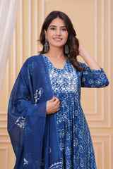 Tanvi Kurti Indigo Blue Floral Printed Anarkali Dupatta Set - Tanvi Kurti