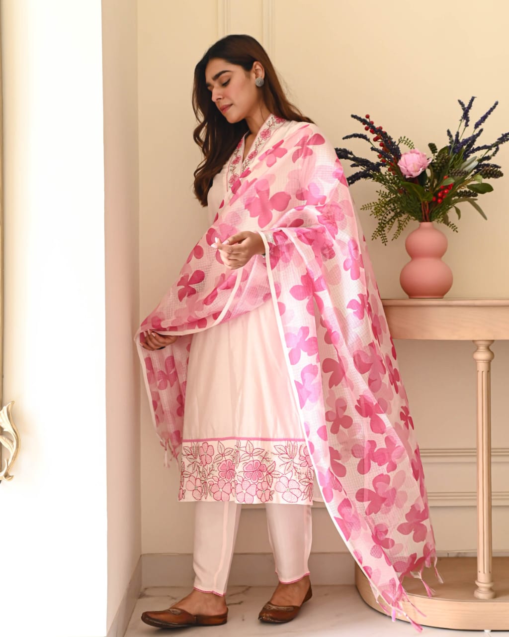 Tanvi Kurti Blush Pink Floral Cotton Dupatta Set - Tanvi Kurti