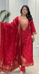 Tanvi Kurti Red Embroidered Straight - Cut Salwar Dupatta Set - Tanvi Kurti
