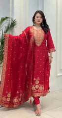 Tanvi Kurti Red Embroidered Straight-Cut Salwar Suit with Dupatta