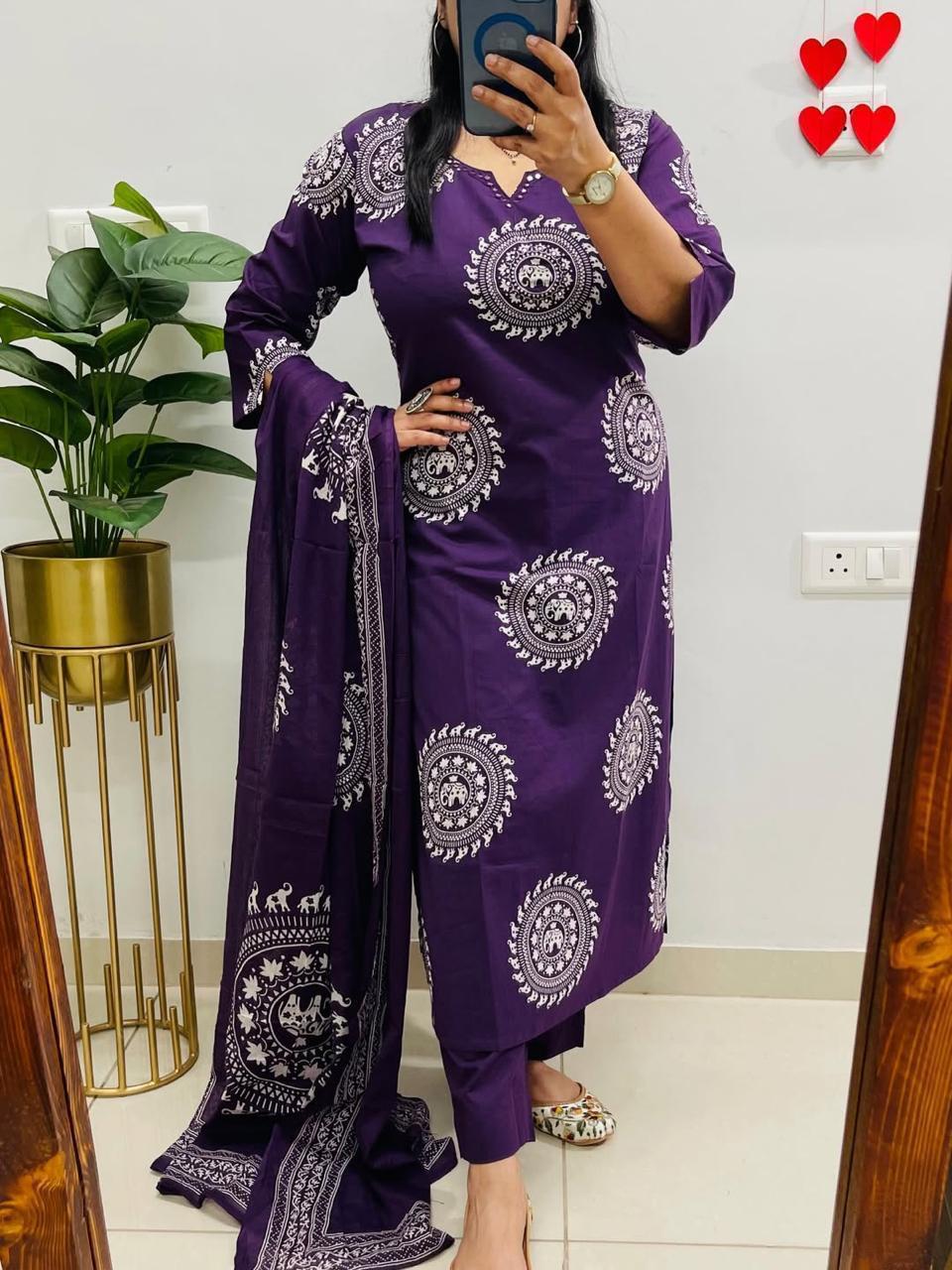 Tanvi Kurt Purple Elephant Motif Dupatta Set - Tanvi Kurti