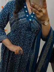 Tanvi Kurti Teal Blue Traditional Printed Dupatta Set - Tanvi Kurti