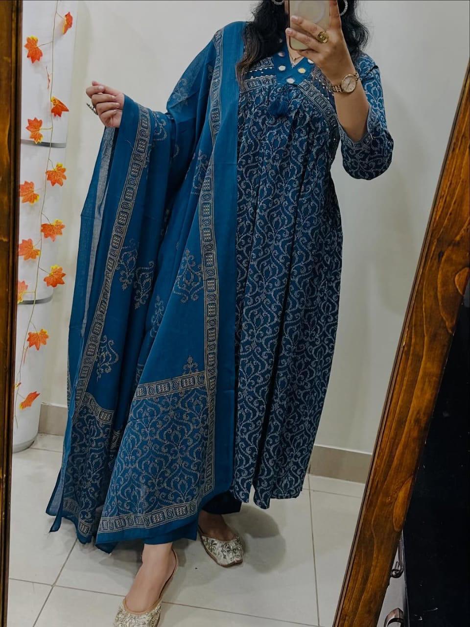 Tanvi Kurti Teal Blue Traditional Printed Dupatta Set - Tanvi Kurti