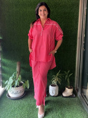 Pink Striped Premium Cotton Co-Ord Set with Yoke Detailing