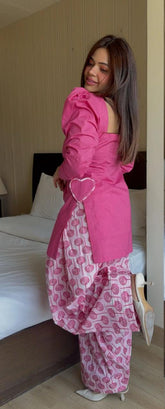 Tanvi Kurti Pink Printed Flared Kurta & Palazzo Set