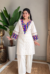 Ivory Elegance Multicolor Embroidered Premium Cotton Kurti Set