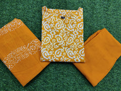 Women Cotton Yellow Kurta Pant with Dupatta Set