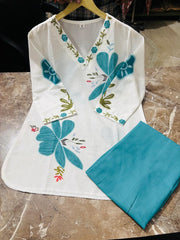 Tanvi Kurti Aqua Blue Bloom Mul Cotton Co-Ord Set