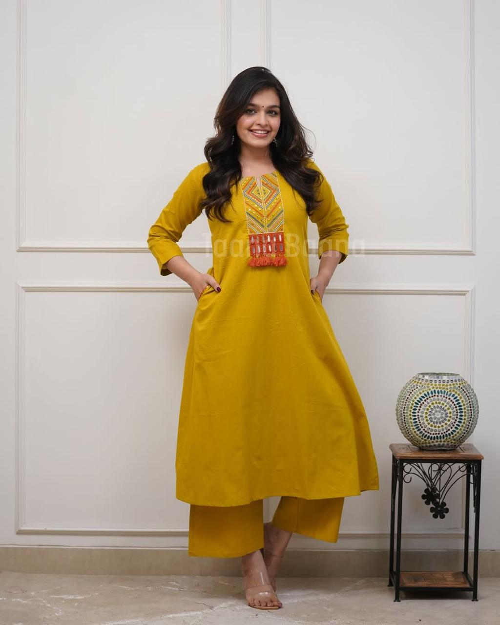 Tanvi Kurti Zariya Mustard Embroidered Kurta Set - Tanvi Kurti